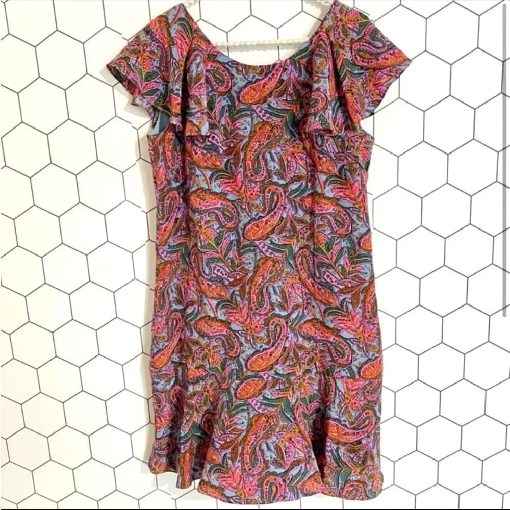 J. Crew Paisley Print Neon Silk Ruffle Hem Flutter Sleeve Dress SIZE 6
